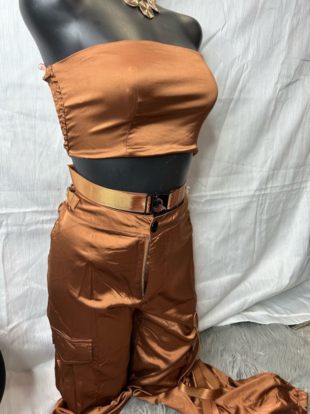 Satin Cargo Jumpsuit Set in Copper Brown